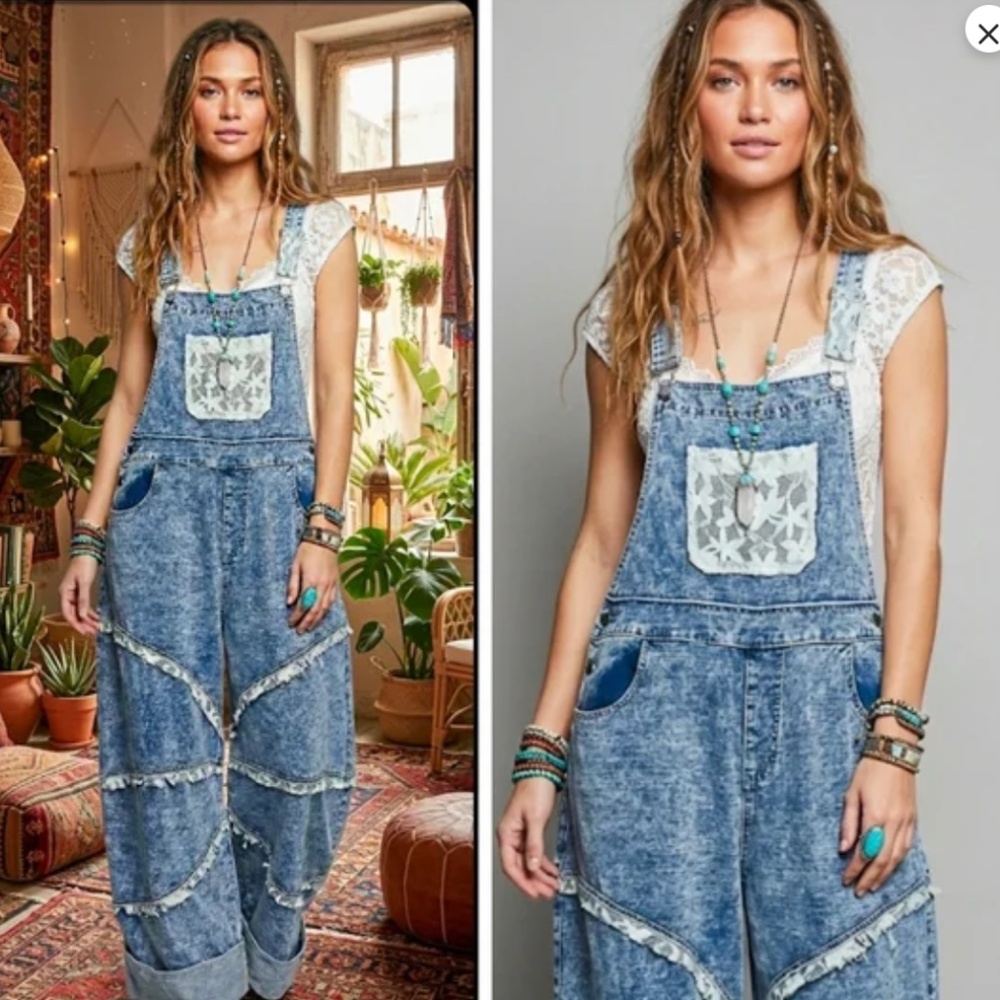 POL Denim Wide-Leg Overalls with White Lace Accents L